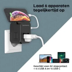 Hermanos® Reisstekker - Universele Wereldstekker Met USB-C En 4 USB Poorten - Internationale Reisstekker Voor 150+ Landen - 2000 Watt - Amerika (USA) - Engeland (UK) - Australië - Azië - Zuid Amerika - Afrika - Zwart - HWS01 -Voyago Winkel 1200x1200 3320