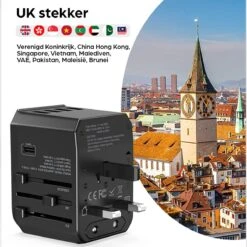Hermanos® Reisstekker - Universele Wereldstekker Met USB-C En 4 USB Poorten - Internationale Reisstekker Voor 150+ Landen - 2000 Watt - Amerika (USA) - Engeland (UK) - Australië - Azië - Zuid Amerika - Afrika - Zwart - HWS01 -Voyago Winkel 1200x1200 3321