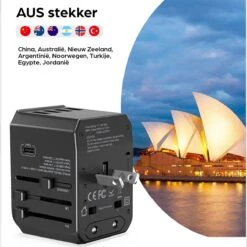 Hermanos® Reisstekker - Universele Wereldstekker Met USB-C En 4 USB Poorten - Internationale Reisstekker Voor 150+ Landen - 2000 Watt - Amerika (USA) - Engeland (UK) - Australië - Azië - Zuid Amerika - Afrika - Zwart - HWS01 -Voyago Winkel 1200x1200 3323