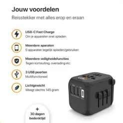 LUSQ® Reisstekker Voor Wereld - 4 USB Poorten - 170+ Landen - Wereldstekker Universeel - Zwart -Voyago Winkel 1200x1200 3364
