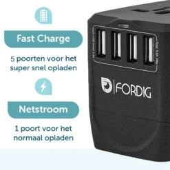 ForDig Universele Wereldstekker Met 4 Fast Charge USB En 1 USB-C Poort - Reisstekker Geschikt Voor 150+ Landen -Voyago Winkel 1200x1200 3375