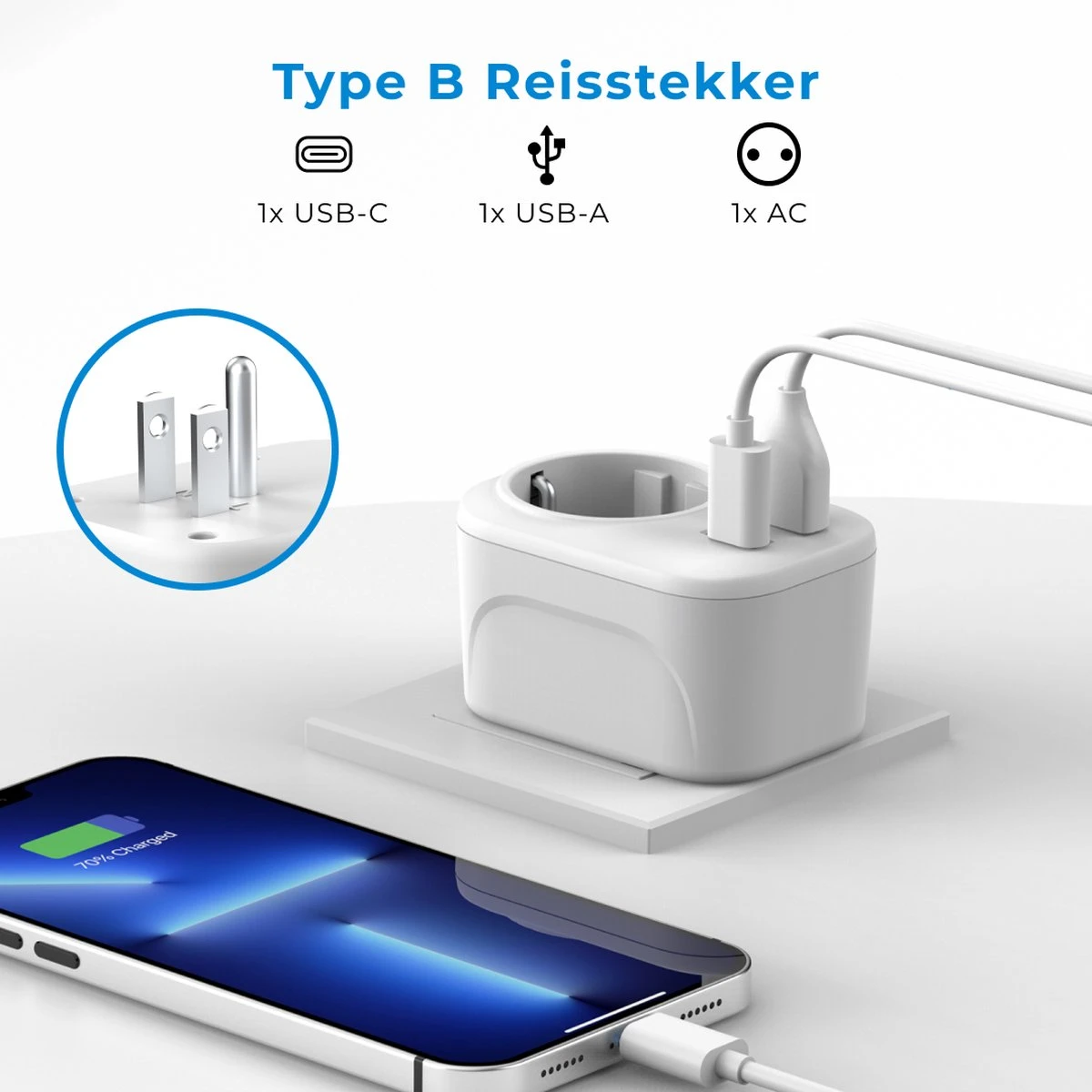 Voomy Reisstekker Amerika/USA - Wereldstekker Type B - USB-C & USB-A - Wit 4 Voomy Reisstekker Amerika/USA - Wereldstekker Type B - USB-C & USB-A - Wit - Afbeelding 2