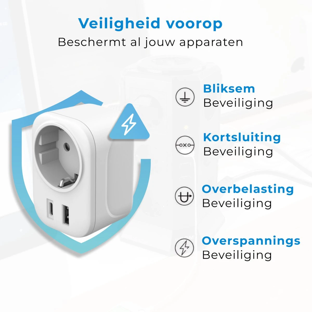 Voomy Reisstekker Amerika/USA - Wereldstekker Type B - USB-C & USB-A - Wit 6 Voomy Reisstekker Amerika/USA - Wereldstekker Type B - USB-C & USB-A - Wit - Afbeelding 4