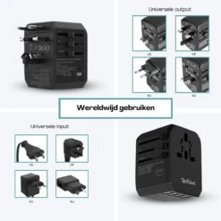 TenTravel Universele Wereldstekker + Etui - USB-C En 4 USB Poorten - 170+ Landen - 2000W - Internationale Reisstekker - O.a. Amerika, Engeland, Italie En Zuid-Afrika - Zwart -Voyago Winkel 1200x1200 3404