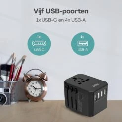 TenTravel Universele Wereldstekker + Etui - USB-C En 4 USB Poorten - 170+ Landen - 2000W - Internationale Reisstekker - O.a. Amerika, Engeland, Italie En Zuid-Afrika - Zwart -Voyago Winkel 1200x1200 3405