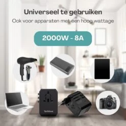 TenTravel Universele Wereldstekker + Etui - USB-C En 4 USB Poorten - 170+ Landen - 2000W - Internationale Reisstekker - O.a. Amerika, Engeland, Italie En Zuid-Afrika - Zwart -Voyago Winkel 1200x1200 3408