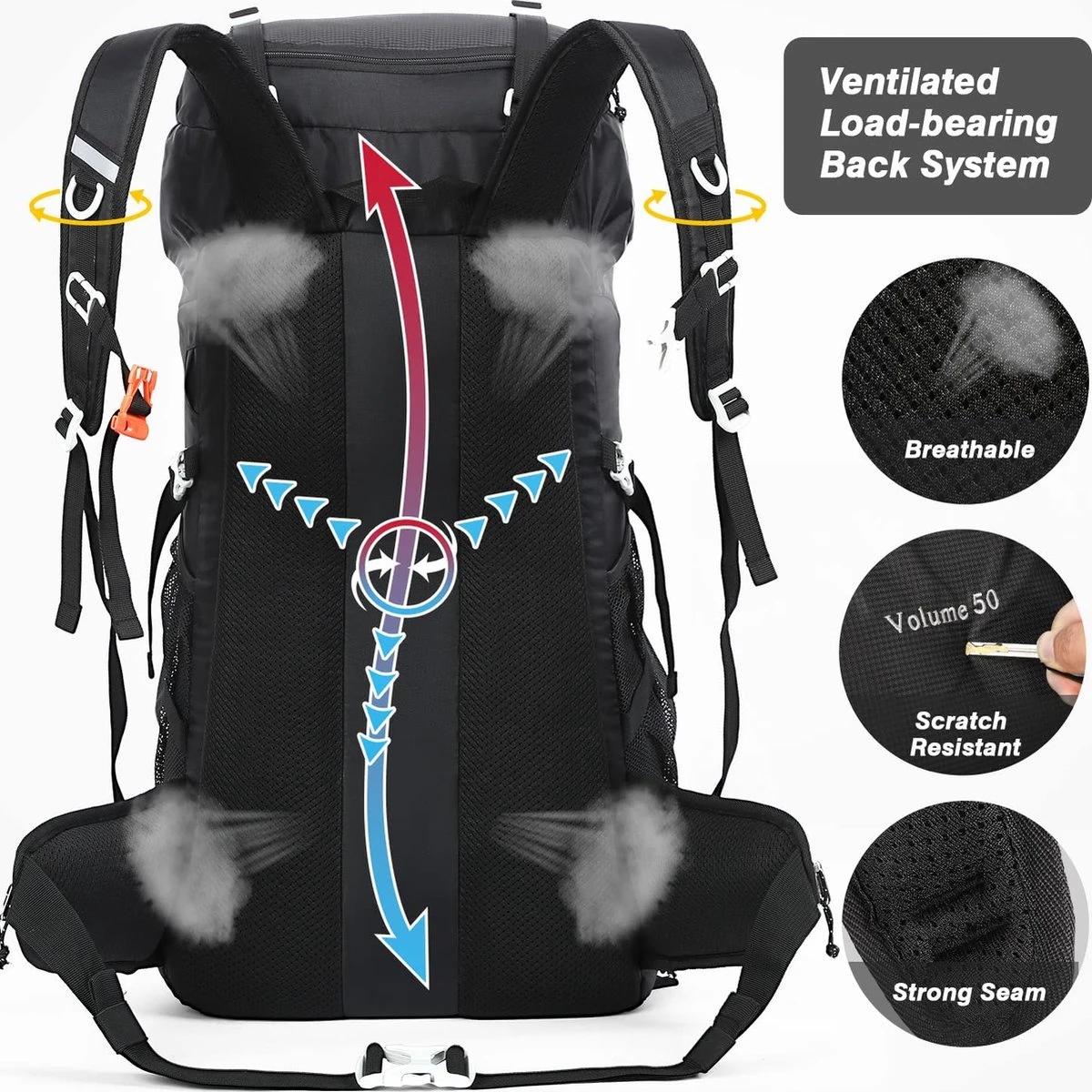 Merkloos Hiking Backpack 50L, Men Women Waterproof Trekking Backpack Travel Backpack Outdoor Hiking Backpack With Rain Cover, Backpacker Backpack For Hiking, Mountaineering, Camping, Travel Sports 4 Merkloos Hiking Backpack 50L, Men Women Waterproof Trekking Backpack Travel Backpack Outdoor Hiking Backpack With Rain Cover, Backpacker Backpack For Hiking, Mountaineering, Camping, Travel Sports - Afbeelding 2