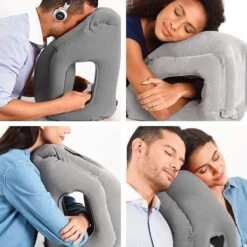 Opblaasbaar Reiskussen - Inclusief 3D Slaapmasker, Oordopjes En Opbergzakje - Travel Pillow - Nekkussen - Luxe Reiskussen - Vliegtuig Kussen - Grijs -Voyago Winkel 1200x1200 3521
