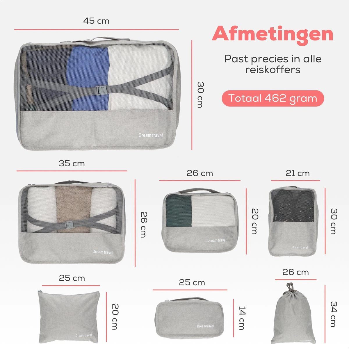 Dream Travel Packing Cubes Set 7 Stuks - Grijs - Koffer Organizer Set - Packing Cubes Backpack 9 Dream Travel Packing Cubes Set 7 Stuks - Grijs - Koffer Organizer Set - Packing Cubes Backpack - Afbeelding 7