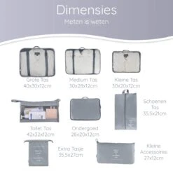 Naro Packing Cubes - 8 Delig - Koffer Organizer - Backpack Organizer - Baggage Organizers - Cubes Compression - Compression Cube - Reistassen - Grijs -Voyago Winkel 1200x1200 3727