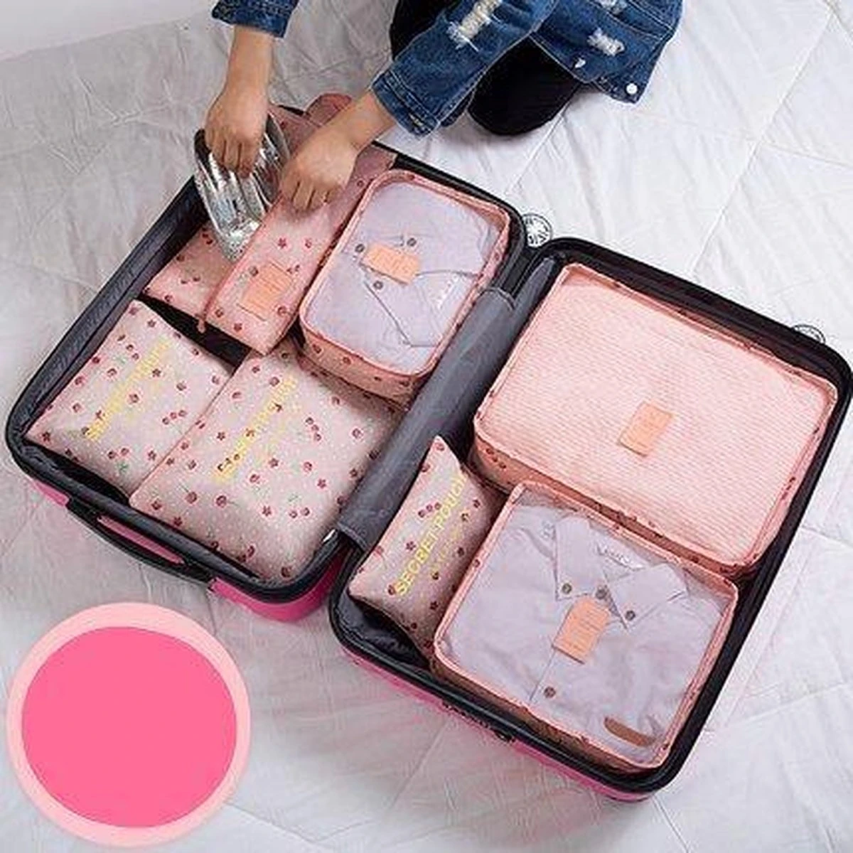 Packing Cubes Set - Koffer Organiser Reistas Pack Cube - Travel Bag Bagage Reis Organizer Opbergtas - 6-Delig - Kersen Roze 4 Packing Cubes Set - Koffer Organiser Reistas Pack Cube - Travel Bag Bagage Reis Organizer Opbergtas - 6-Delig - Kersen Roze - Afbeelding 2