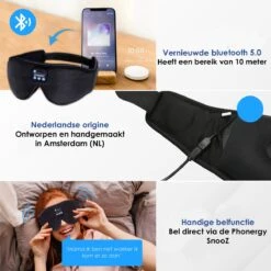 Phonergy SnooZ- Slaapmasker- Slaapmasker Bluetooth- Oogmasker - Biologisch- 3D Ergonomisch- Eco Traagschuim- 100% Verduisterend- Handgemaakt- Zwart -Voyago Winkel 1200x1200 4216