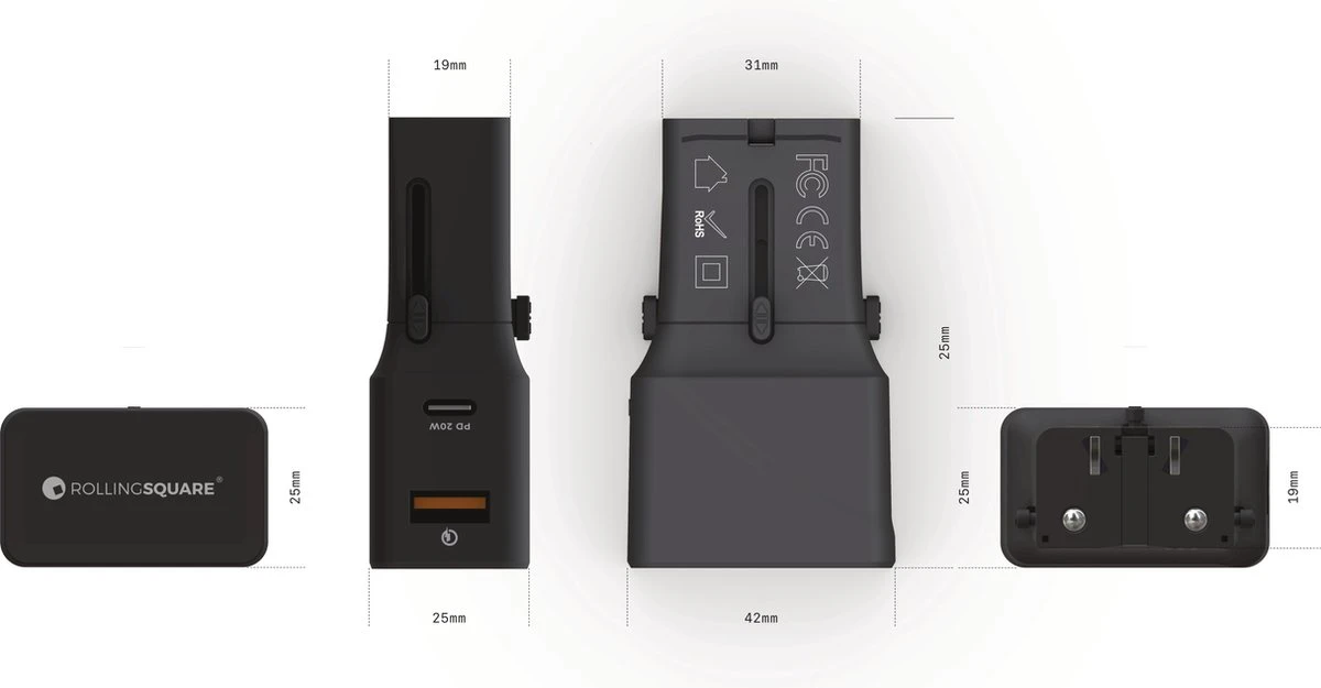 RollingSquare Wereldstekker Pocket Travel Adapter L Universele Reisstekker - USB En USB-C Poort 3 RollingSquare Wereldstekker Pocket Travel Adapter L Universele Reisstekker - USB En USB-C Poort - Afbeelding 2