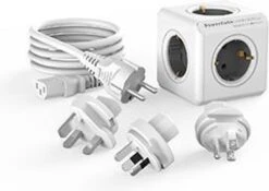 DesignNest PowerCube ReWirable Reisstekker + 3x Wereldstekkers + 1 Meter IEC EU Kabel DE - Wit/Grijs - 5 Stopcontacten - Wereld Adapter
