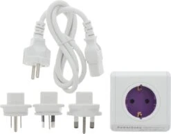 DesignNest PowerCube ReWirable DUO USB Reisstekker - Reis Adapter - 4 Stopcontacten - 2 USB Laders - 3x Wereld Reis Plug + 1 Meter IEC EU Kabel DE - Wit/Paars - Wereld Stekker -Voyago Winkel 1200x938 4