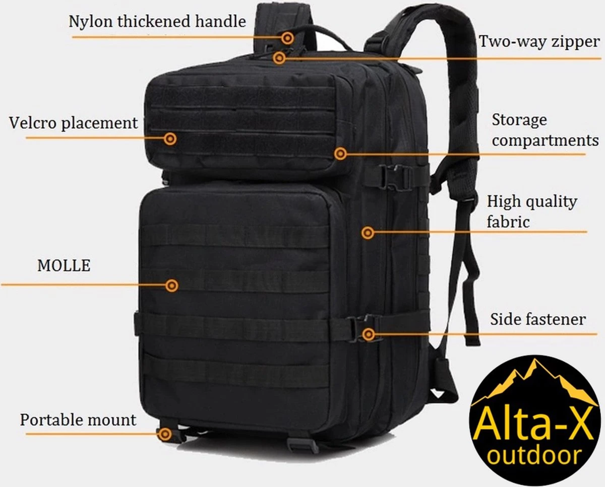 Alta-X Tactical Backpack 45l | Tactische Rugzak | Leger Rugtas - Sport - School - Werk | Zwart - Leger Tas 6 Alta-X Tactical Backpack 45l | Tactische Rugzak | Leger Rugtas - Sport - School - Werk | Zwart - Leger Tas - Afbeelding 4