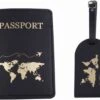 Paspoort Hoesje Met Kofferlabel - Paspoorthouder - Bagage Label - Vliegen - Vakantie - Zwart / Goud - PU Leer - 11 Cm X 17 Cm