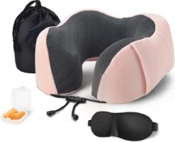 Memory Foam Nekkussen Inclusief Slaapmasker & Oordopjes - Reiskussen - Vliegtuig Kussen - Travel Pillow : Roze