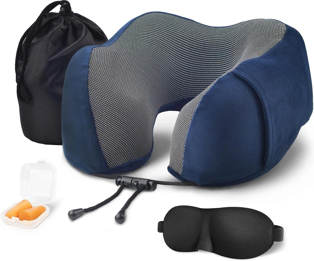 Memory Foam Nekkussen Inclusief Slaapmasker & Oordopjes - Reiskussen - Vliegtuig Kussen - Travel Pillow : Blauw 3 Memory Foam Nekkussen Inclusief Slaapmasker & Oordopjes - Reiskussen - Vliegtuig Kussen - Travel Pillow : Blauw