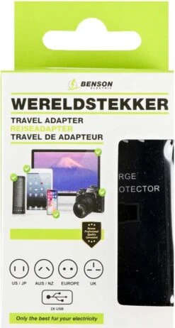 Benson Wereldstekker - Reisadapter - Internationaal - 2 USB Poorten - Zwart -Voyago Winkel 641x1200 2
