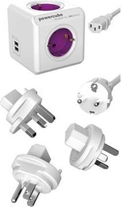 DesignNest PowerCube ReWirable DUO USB Reisstekker - Reis Adapter - 4 Stopcontacten - 2 USB Laders - 3x Wereld Reis Plug + 1 Meter IEC EU Kabel DE - Wit/Paars - Wereld Stekker -Voyago Winkel 703x1200 9