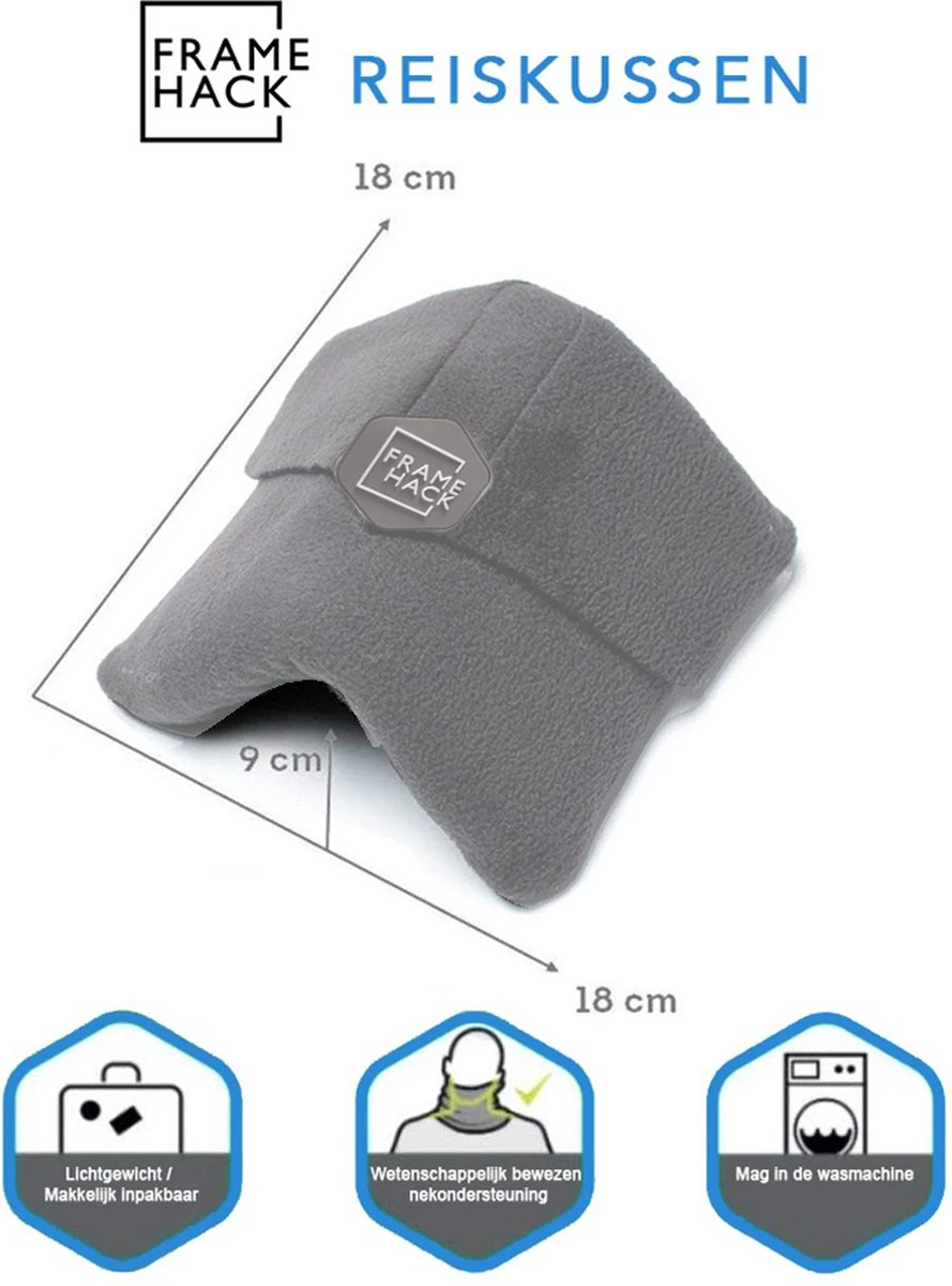 Framehack Zacht Travel Pillow Reiskussen - Neksteun Nek Support - Nekkussen - Inclusief 3D Slaapmasker & Oordopjes – Grijs 5 Framehack Zacht Travel Pillow Reiskussen - Neksteun Nek Support - Nekkussen - Inclusief 3D Slaapmasker & Oordopjes – Grijs - Afbeelding 3