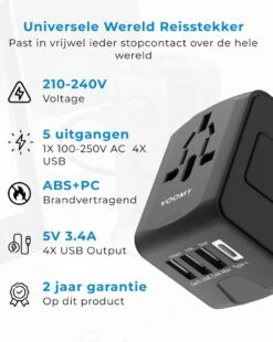 Voomy Universele Wereldstekker - 170+ Landen - 4 USB Poorten - Reisstekker Wereld - Zwart -Voyago Winkel 957x1200 3