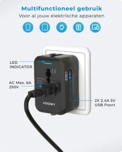 Voomy Universele Wereldstekker - 150+ Landen - 2 USB Poorten - Reisstekker Wereld - Zwart -Voyago Winkel 959x1200 13
