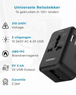 Voomy Universele Wereldstekker - 150+ Landen - 2 USB Poorten - Reisstekker Wereld - Zwart -Voyago Winkel 959x1200 15