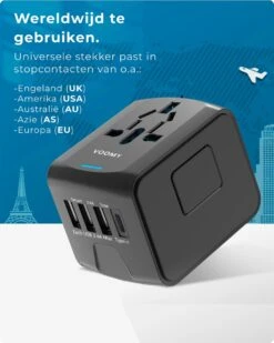 Voomy Universele Wereldstekker - 170+ Landen - 4 USB Poorten - Reisstekker Wereld - Zwart -Voyago Winkel 959x1200 5