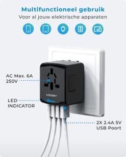 Voomy Universele Wereldstekker - 170+ Landen - 4 USB Poorten - Reisstekker Wereld - Zwart -Voyago Winkel 959x1200 6