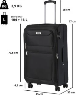 TravelZ Softspinner TSA Kofferset - 2-delig Handbagage + Grote Koffer 77cm - Dubbele Wielen - Zwart -Voyago Winkel 965x1200 4