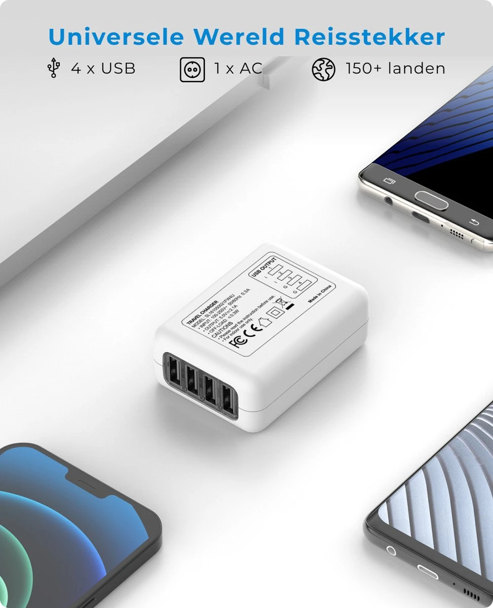 Voomy Universele Wereldstekker - 170+ Landen - 4 USB Poorten - Reisstekker Wereld - Wit 3 Voomy Universele Wereldstekker - 170+ Landen - 4 USB Poorten - Reisstekker Wereld - Wit - Afbeelding 2