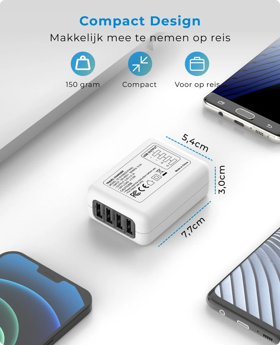 Voomy Universele Wereldstekker - 170+ Landen - 4 USB Poorten - Reisstekker Wereld - Wit 6 Voomy Universele Wereldstekker - 170+ Landen - 4 USB Poorten - Reisstekker Wereld - Wit - Afbeelding 5
